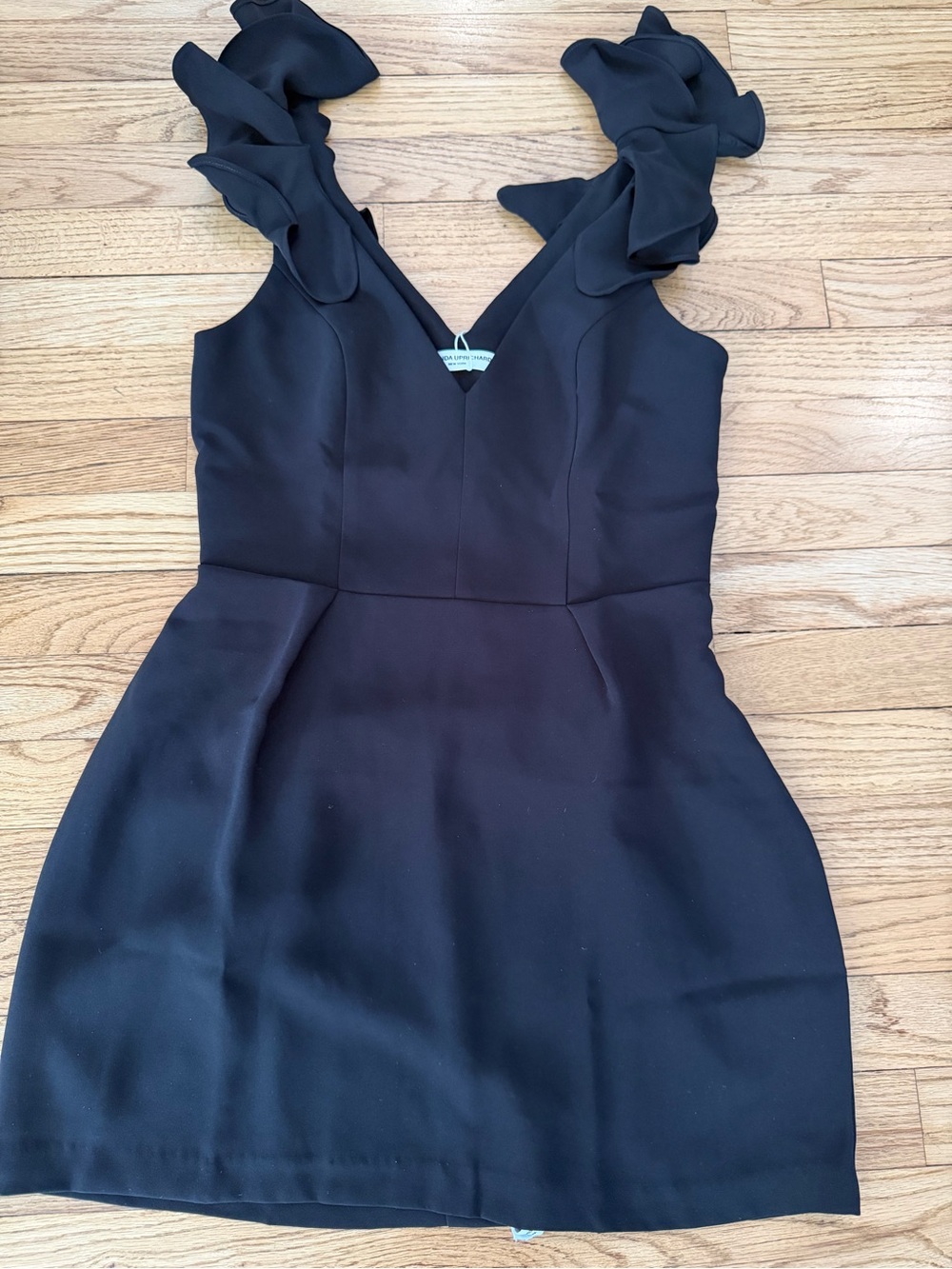 Amanda Uprichard Black Ruffle-Shoulder V-Neck Mini Dress